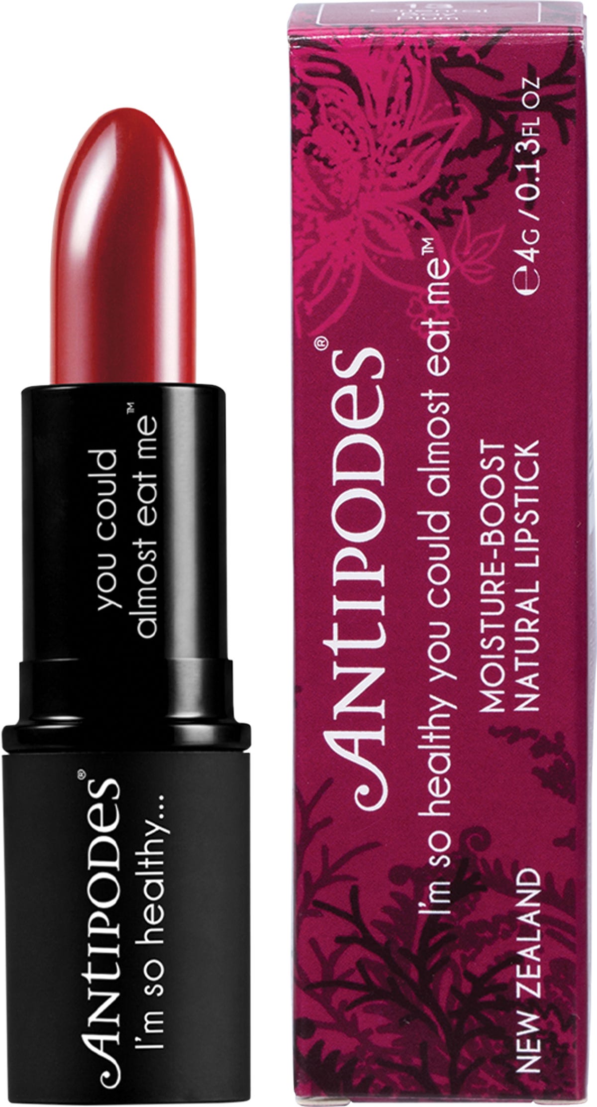 Antipodes Oriental Bay Plum Lipstick 4g in a black tube with a deep plum-purple shade and moisture-boost formula.