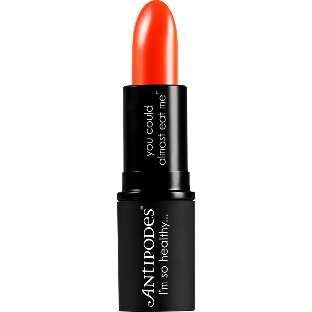 Antipodes Piha Beach Tangerine lipstick in an open black tube showing the vibrant orange-red shade.
