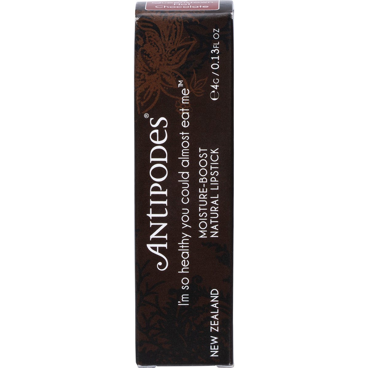 Antipodes Queenstown Hot Chocolate lipstick in a black tube with a decadent brown shade on a white background.