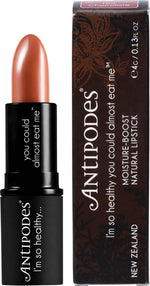 Antipodes Queenstown Hot Chocolate lipstick in a black tube with a decadent brown shade on a white background.