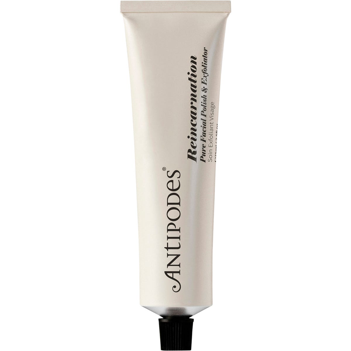 Antipodes Reincarnation Pure Facial Polish 75ml tube featuring botanical illustrations on a white background.