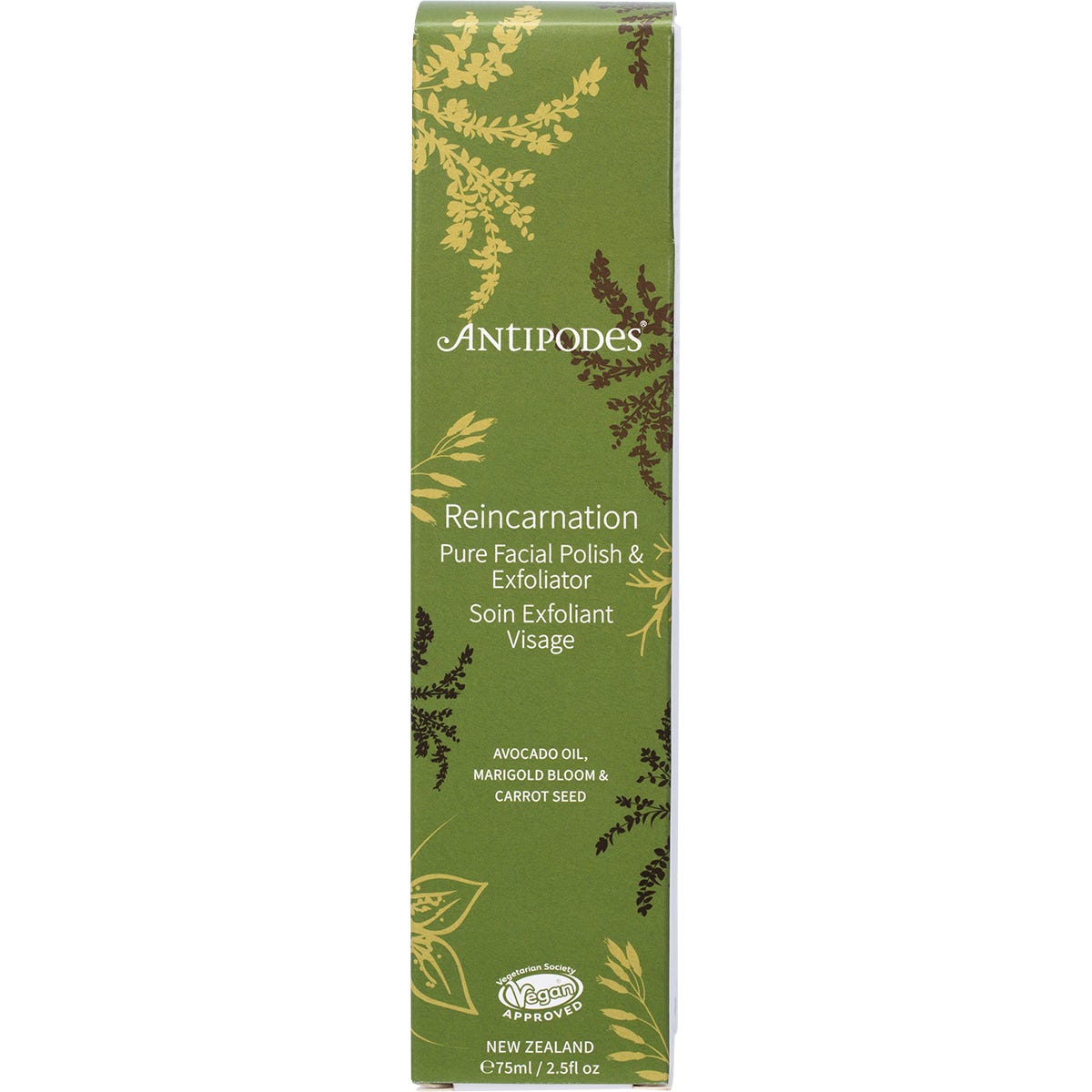 75ml tube of Antipodes Reincarnation Pure Facial Polish featuring botanical illustrations on a white background.