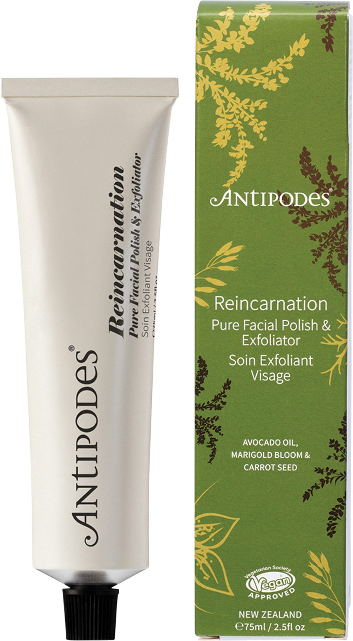 Antipodes Reincarnation Pure Facial Polish & Exfoliator 75ml tube and box with botanical illustrations.