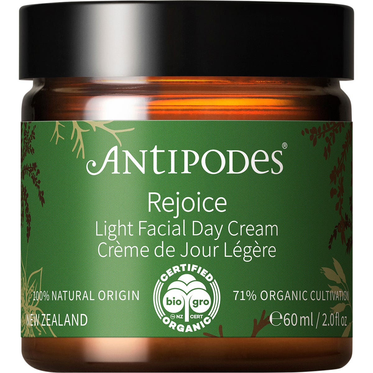 Antipodes Rejoice Light Facial Day Cream 60ml green and gold tube on a white background.