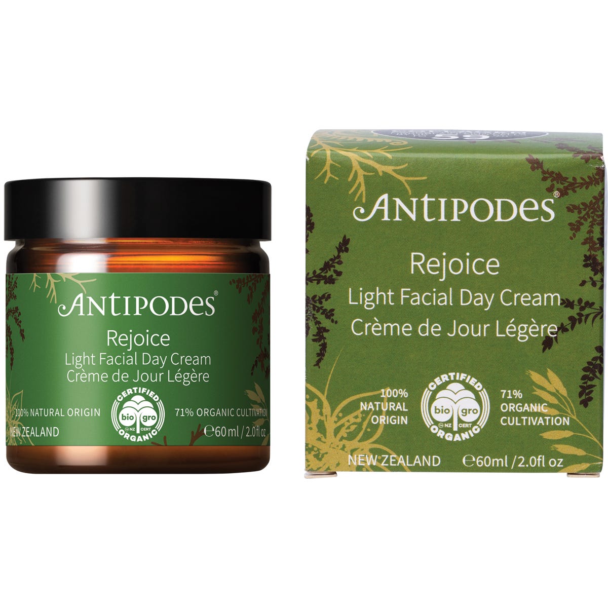 Antipodes Rejoice Light Facial Day Cream 60ml in a green and gold tube with a matching cardboard box.