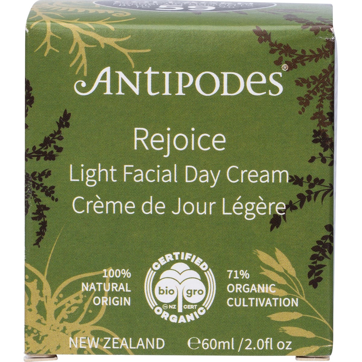 60ml tube of Antipodes Rejoice Light Facial Day Cream with green and gold labeling on a white background.