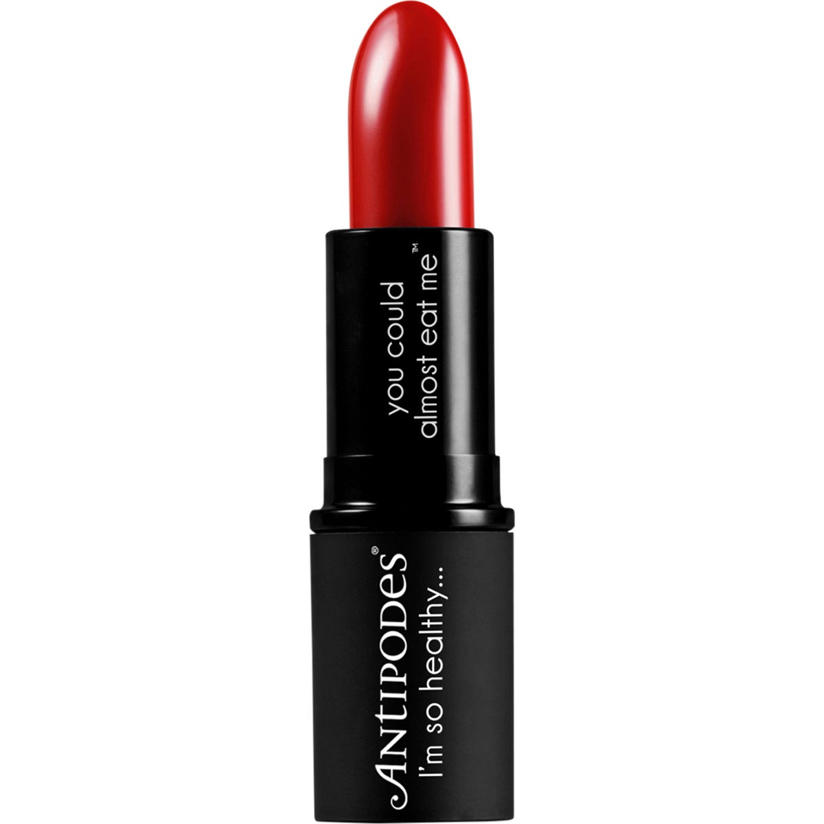 Antipodes Ruby Bay Rouge 4g lipstick tube and box with botanical designs and a rich red shade swatch.