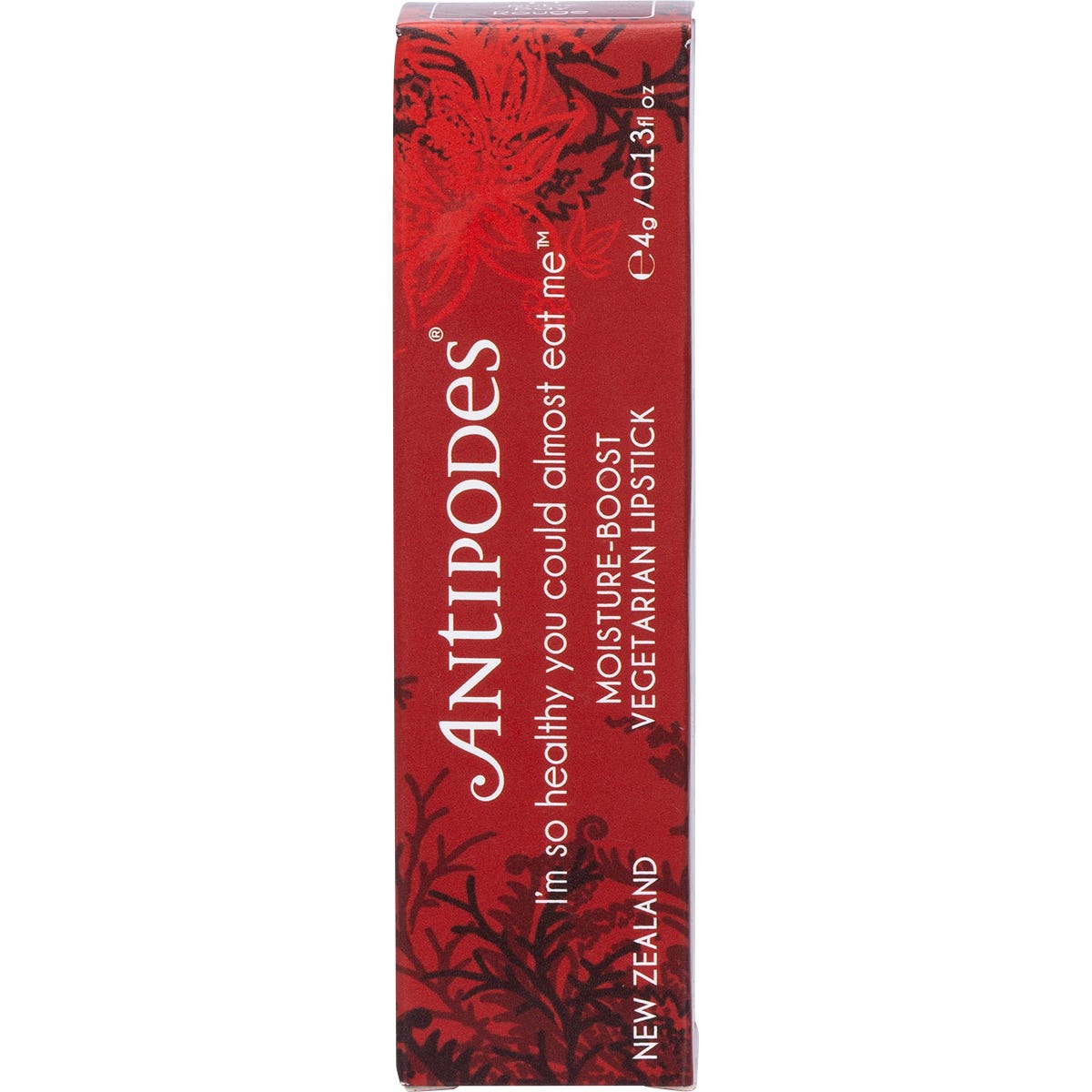 4g tube of Antipodes Ruby Bay Rouge Lipstick shown with its botanical-themed box on a white background.