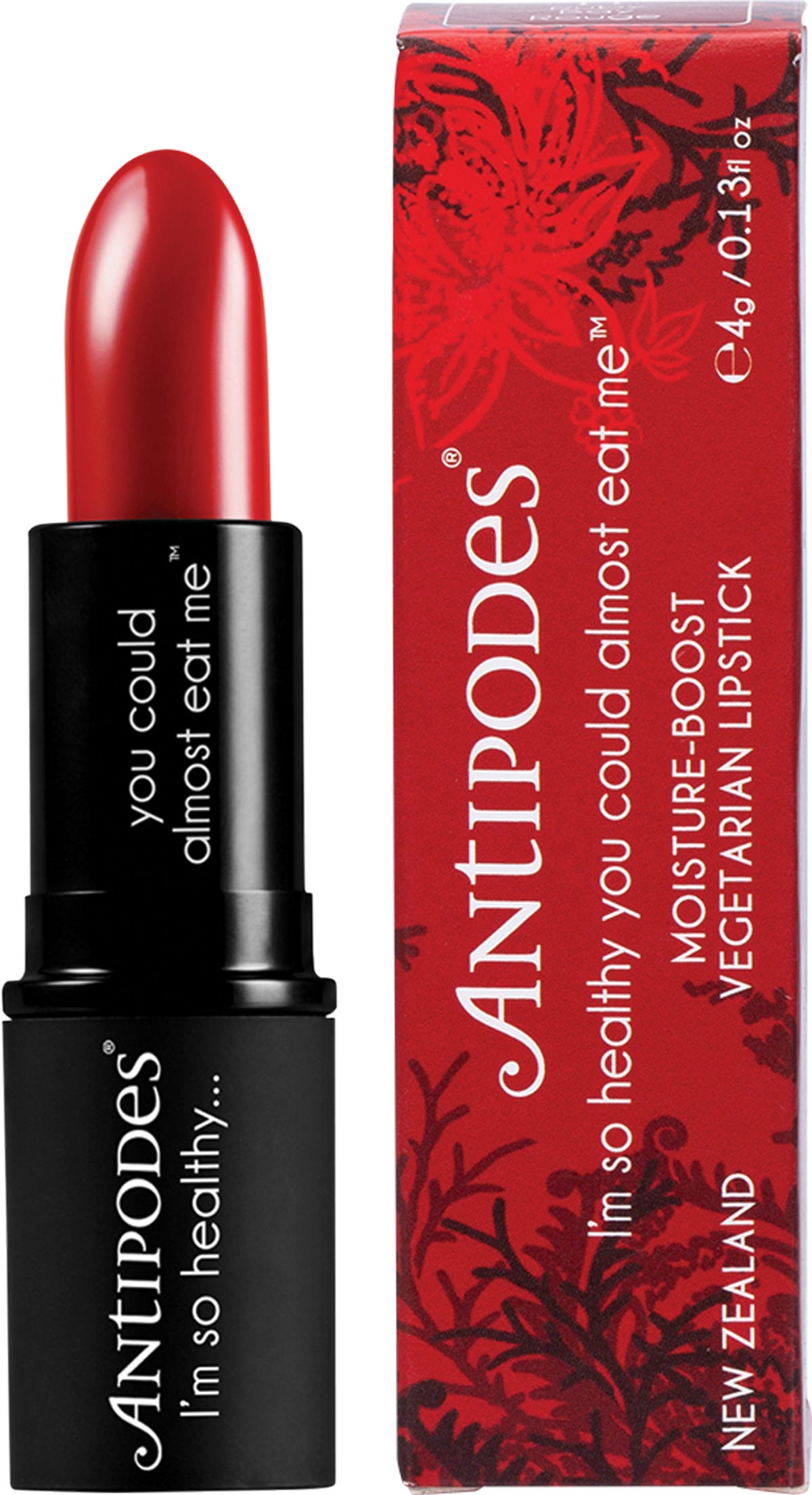Antipodes Ruby Bay Rouge Lipstick 4g tube and box featuring a rich, cool-based red shade with botanical illustrations.