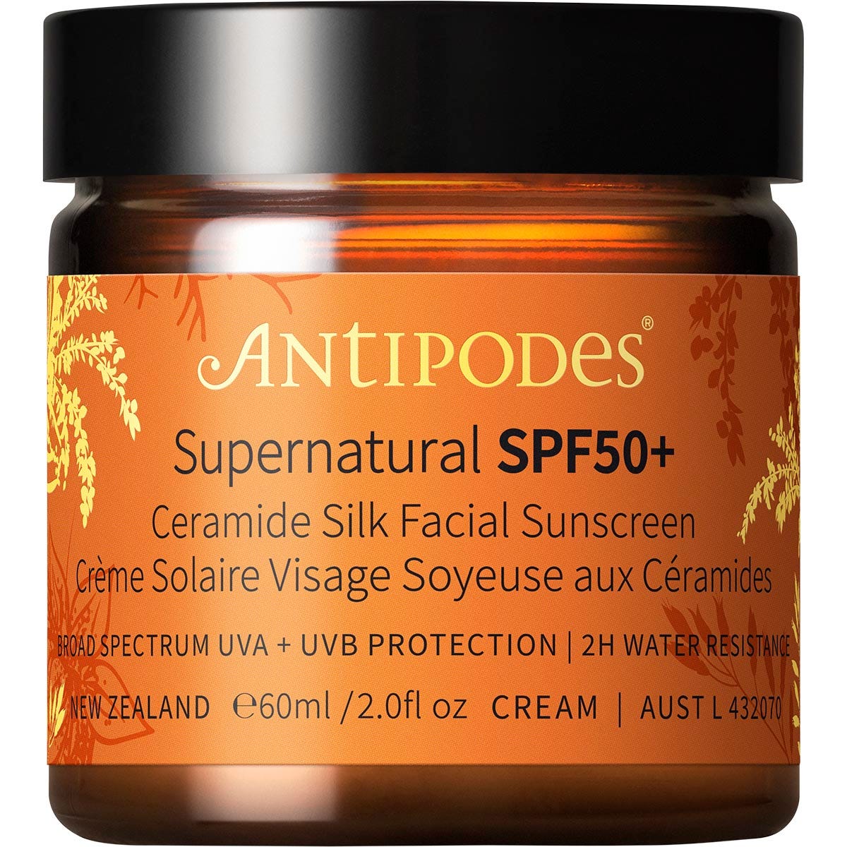 Antipodes Supernatural SPF50+ Ceramide Silk Sunscreen 60ml jar with a dark lid, shown without its outer box.