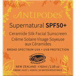 60ml jar of Antipodes Supernatural SPF50+ Ceramide Silk Sunscreen with its white and green botanical box.