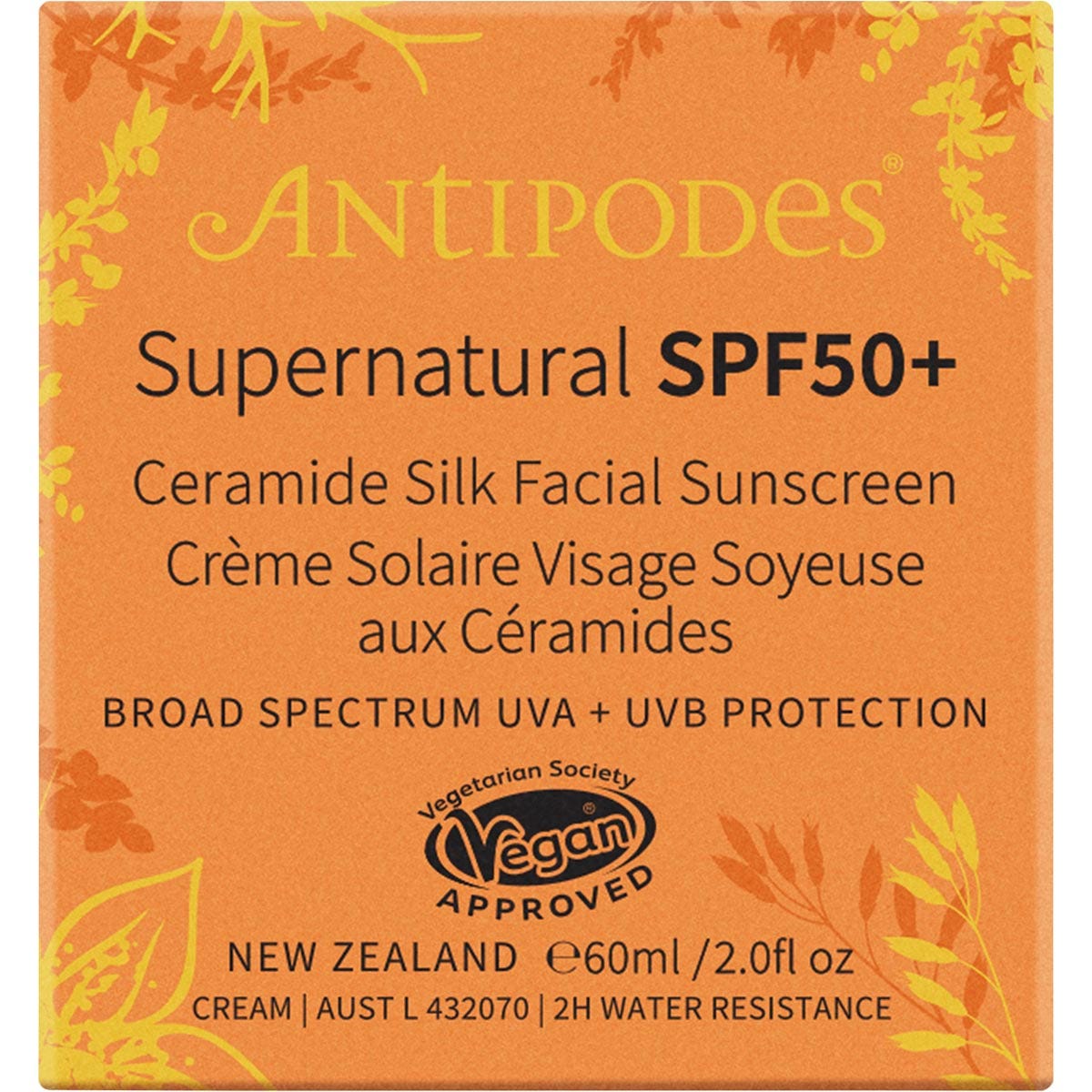 60ml jar of Antipodes Supernatural SPF50+ Ceramide Silk Sunscreen with its white and green botanical box.