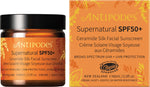 Antipodes Supernatural SPF50+ Ceramide Silk Sunscreen 60ml jar with a dark lid and botanical illustrations.