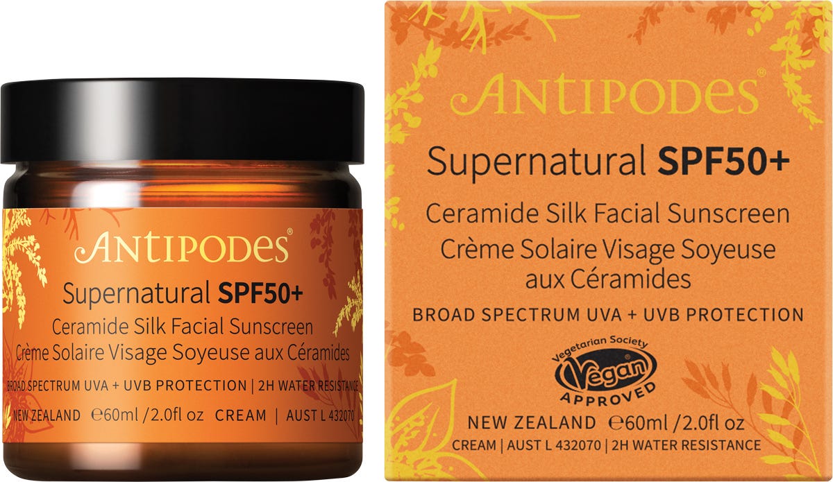 Antipodes Supernatural SPF50+ Ceramide Silk Sunscreen 60ml jar with a dark lid and botanical illustrations.