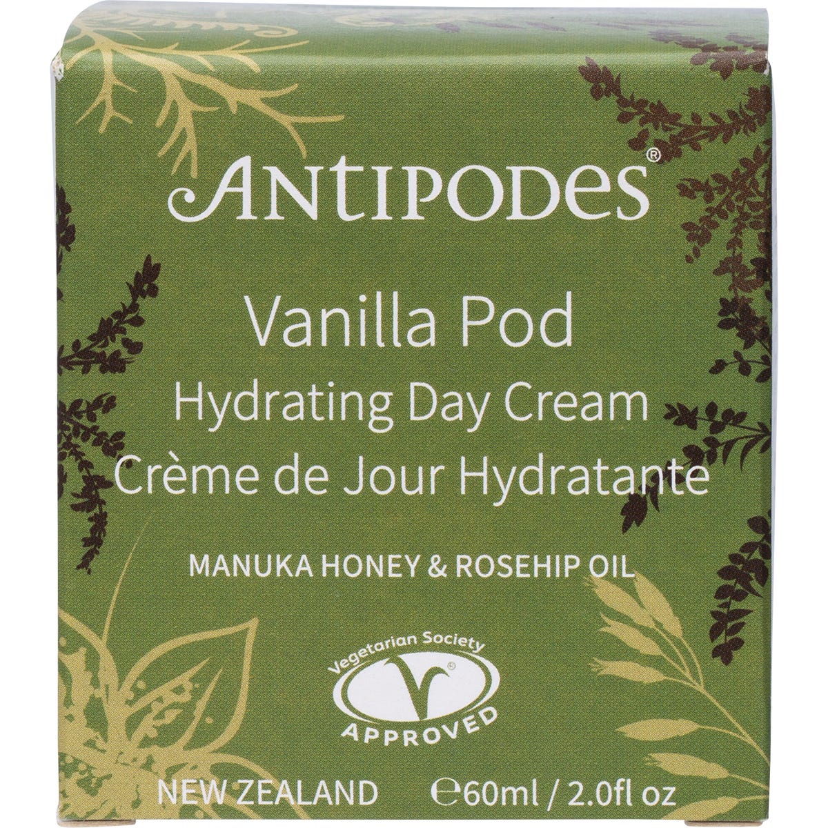 60ml jar of Antipodes Vanilla Pod Hydrating Day Cream with a black lid on a clean white background.
