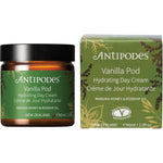 Antipodes Vanilla Pod Hydrating Day Cream 60ml jar and box with botanical illustrations on a white background.