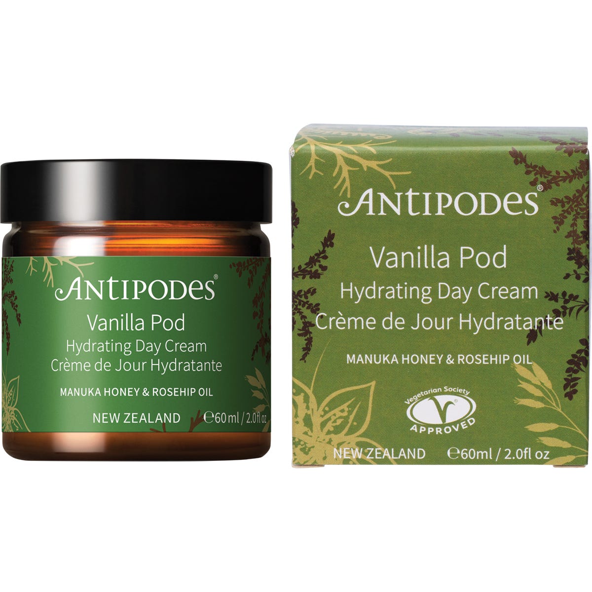 Antipodes Vanilla Pod Hydrating Day Cream 60ml jar and box with botanical illustrations on a white background.