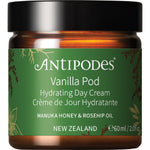 Antipodes Vanilla Pod Hydrating Day Cream 60ml brown glass jar with a black lid on a white background.