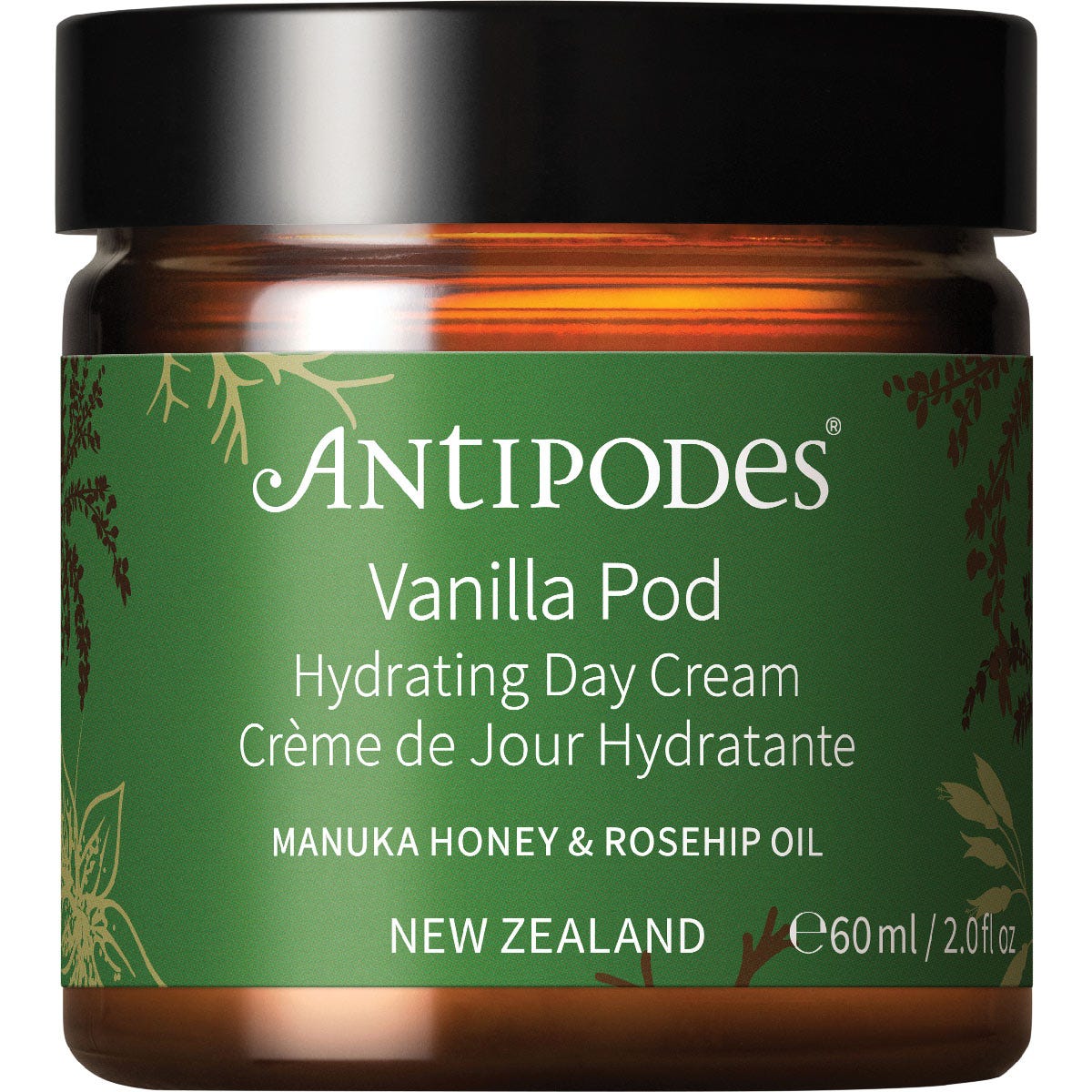 Antipodes Vanilla Pod Hydrating Day Cream 60ml brown glass jar with a black lid on a white background.