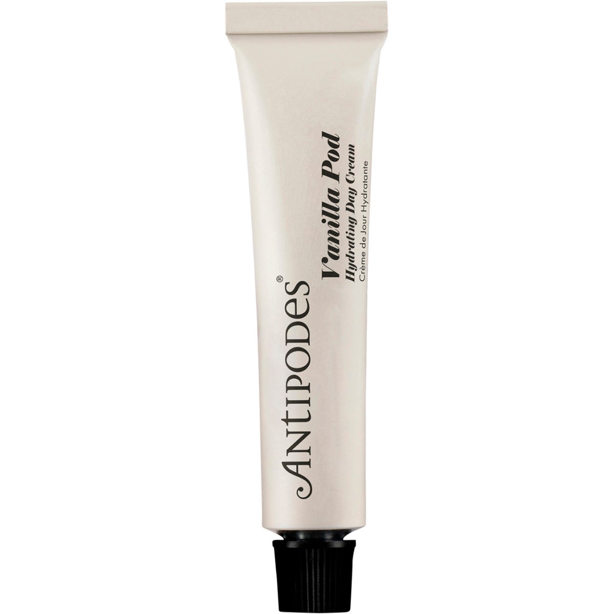 Antipodes 15ml mini Vanilla Pod Hydrating Day Cream tube on a white background.
