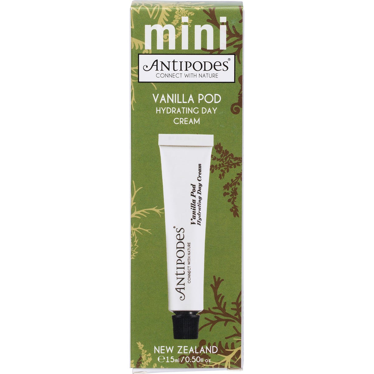 15ml tube of Antipodes Vanilla Pod Hydrating Day Cream showing the back label with ingredients and directions.