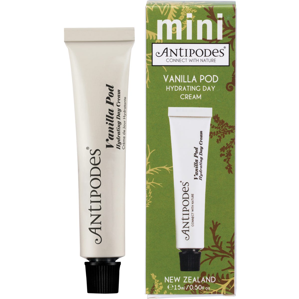 Antipodes 15ml mini aluminum tube of Vanilla Pod Hydrating Day Cream for moisturizing skin.