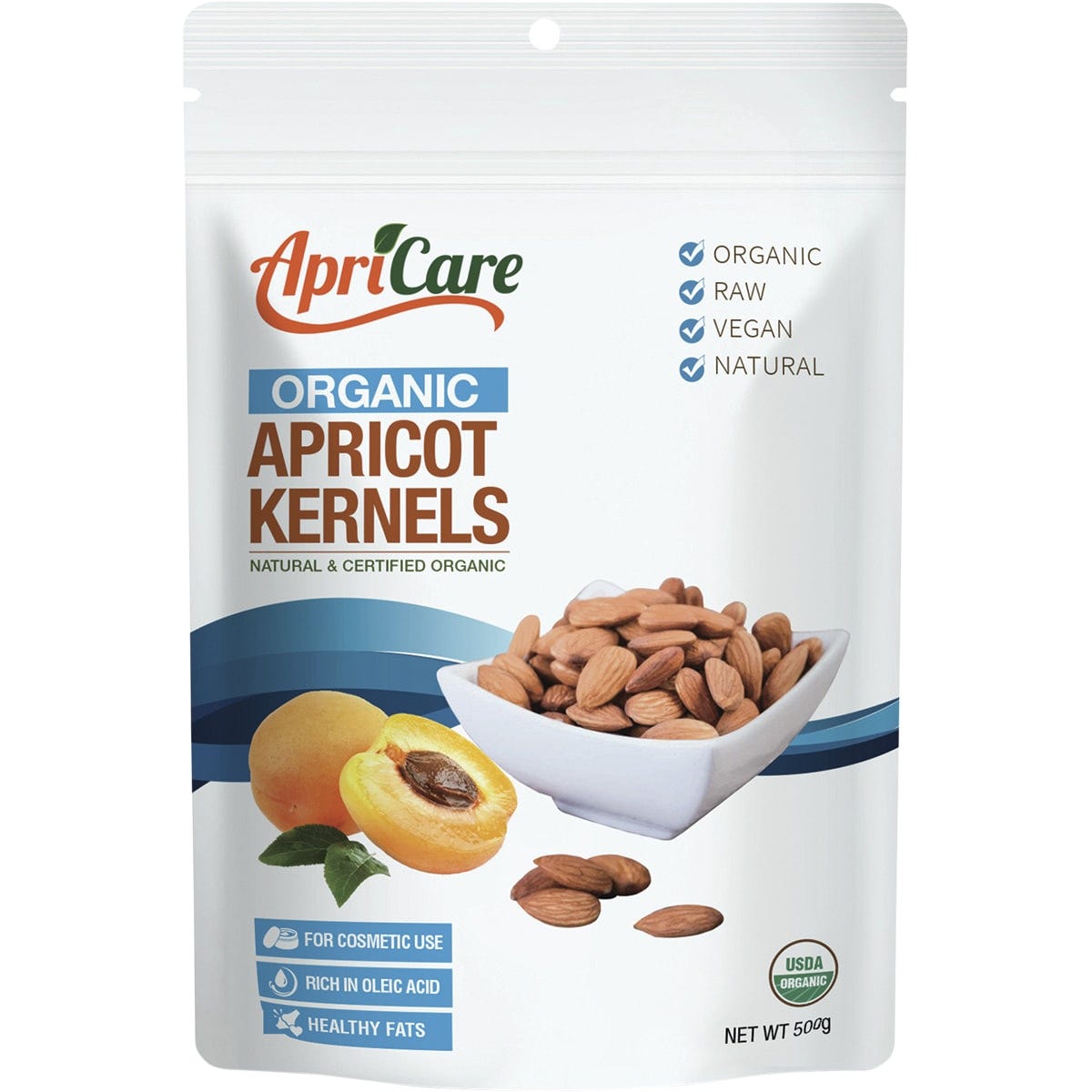 500g bag of Apricare Organic Raw Apricot Kernels on a white background. Sourced from 100% certified organic kernels.
