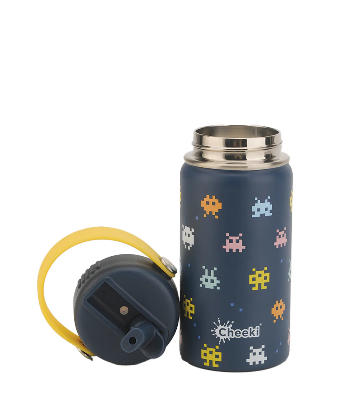 Navy 400ml Cheeki Kids arcade water bottle shown with its straw lid, soft carry handle, and name stickers.