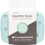 Blue bento box with a palm tree pattern lid, 5 deep food compartments, and matching fork and spoon.