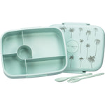 Blue bento box base with 5 food compartments and a matching blue fork and spoon on a white background.