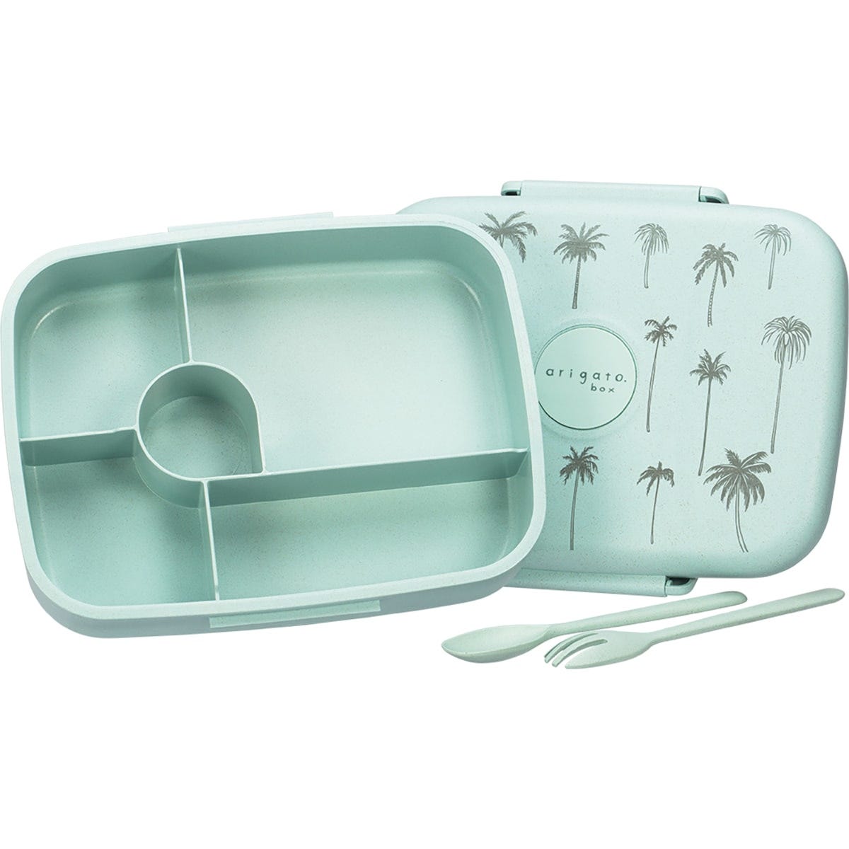 Blue bento box base with 5 food compartments and a matching blue fork and spoon on a white background.