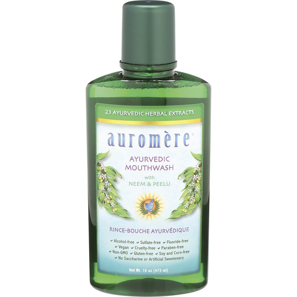 Six 473ml bottles of Auromere Ayurvedic Mouthwash with Neem and Peelu on a white background.