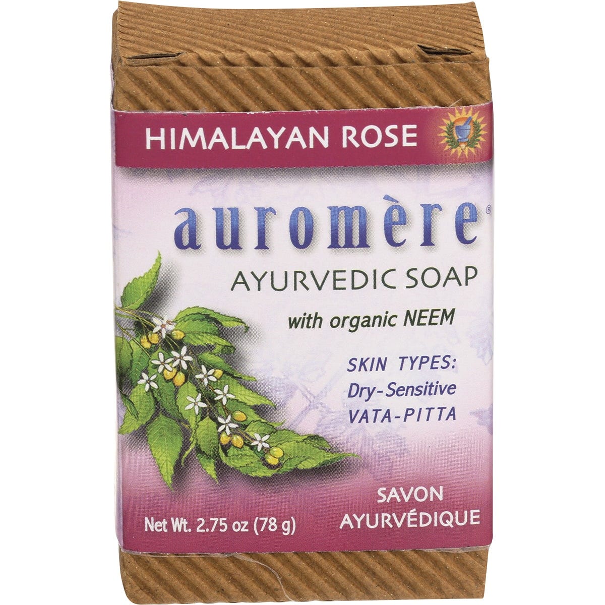 Auromere Ayurvedic Himalayan Rose Neem Soap 78g box with rose illustrations and 12-pack display on a white background.