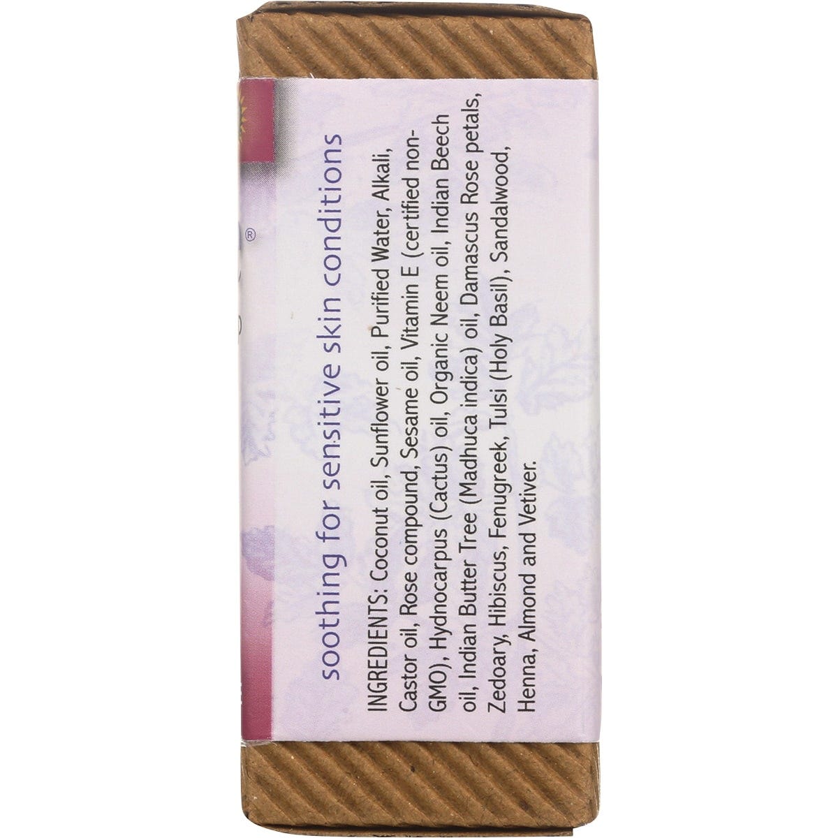 Back of Auromere Himalayan Rose Neem Soap box showing ingredients, Ayurvedic benefits, and cruelty-free symbols.