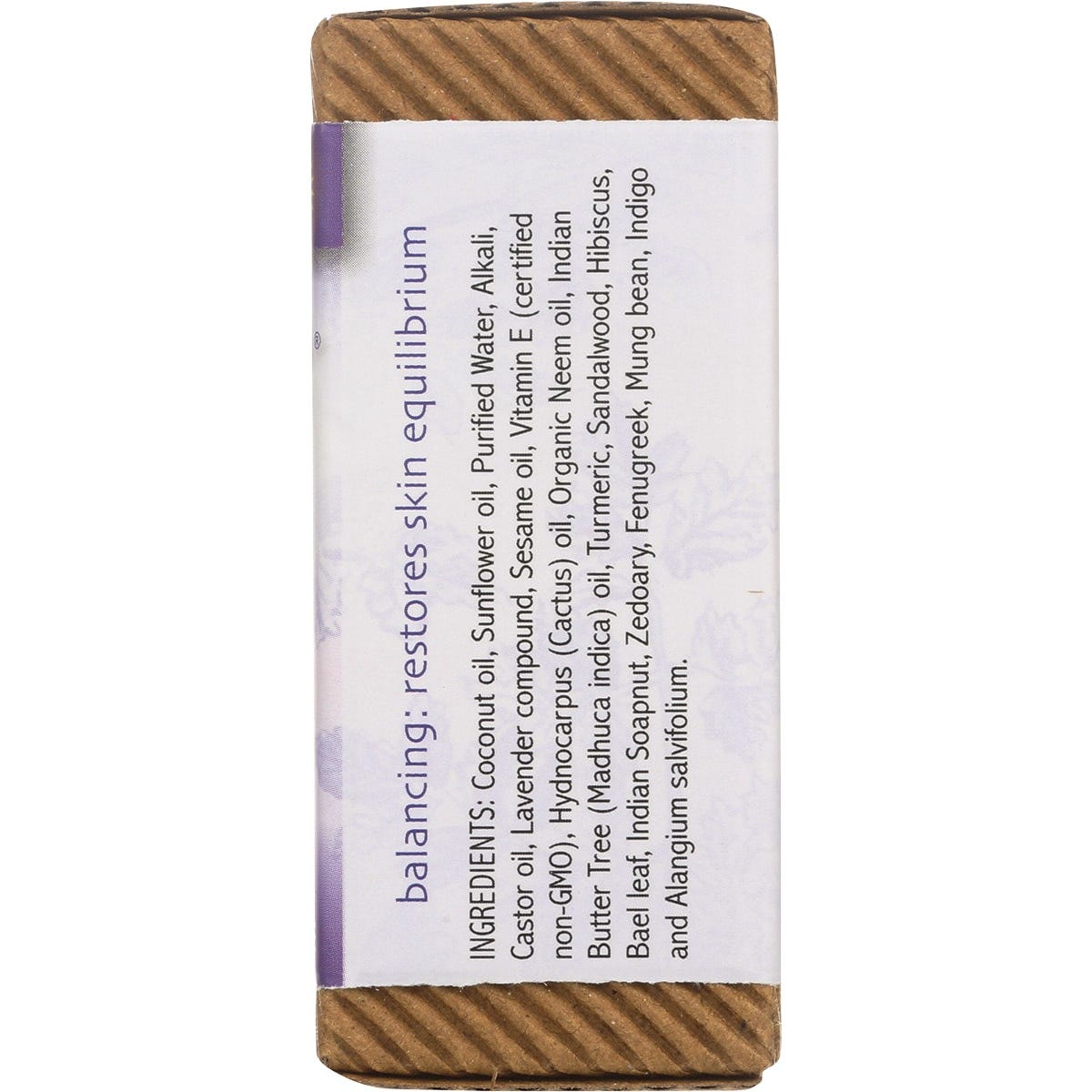 Back of Auromere Lavender Neem soap packaging with ingredients, product benefits, and Ayurvedic information.