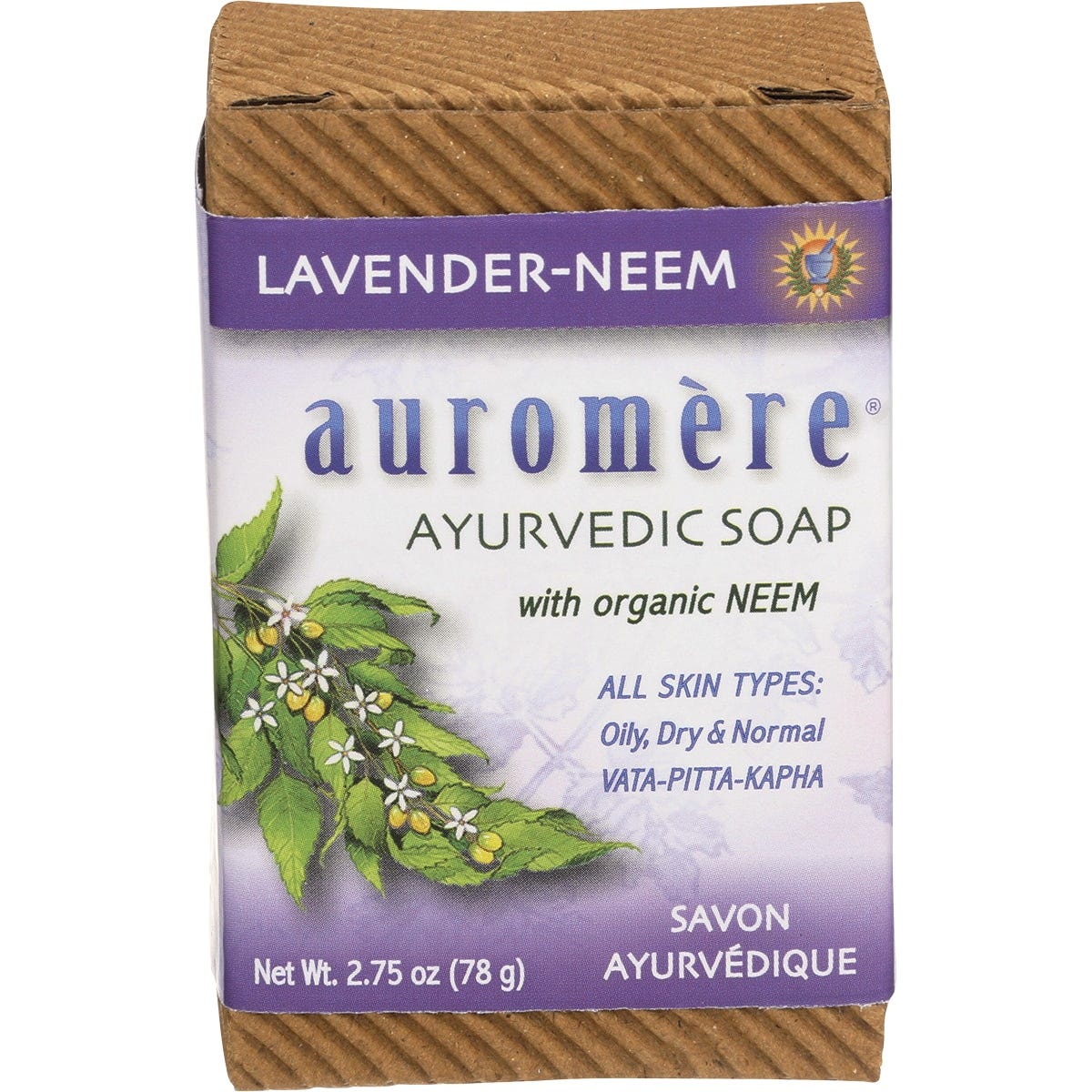 Pack of 12 Auromere Ayurvedic Lavender Neem soap bars, 78g each, in purple and white packaging.