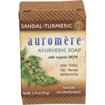 Pack of 12 Auromere Neem Soap bars with Ayurvedic Sandal-Turmeric, 78g each, in a yellow box with botanical designs.