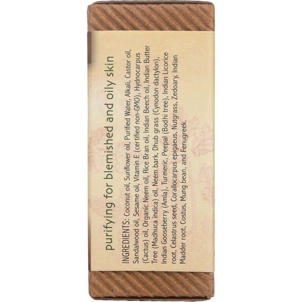 Back of Auromere Sandal-Turmeric Neem Soap box with ingredients, Ayurvedic benefits, and company mission.