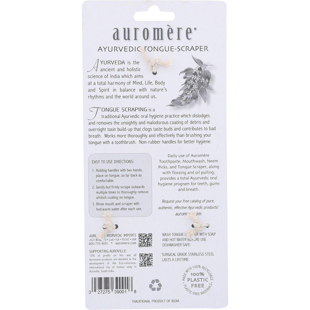 Auromere stainless steel tongue scraper with curved cleaning edge and looped handles on a white background.
