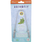 Auromere surgical-grade stainless steel tongue scraper in packaging, designed for Ayurvedic oral hygiene.