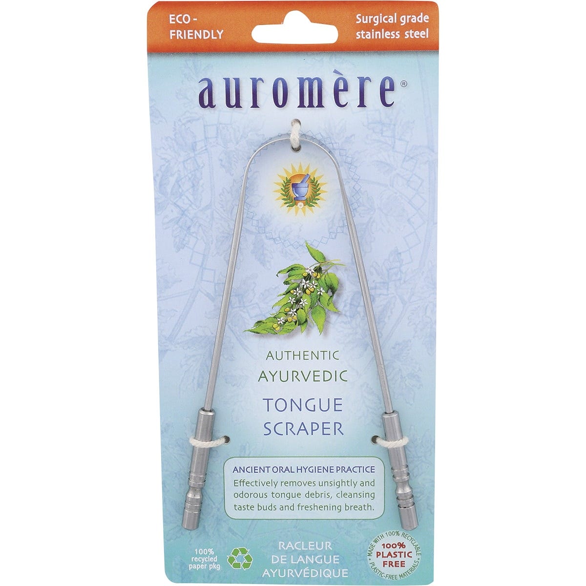 Auromere surgical-grade stainless steel tongue scraper in packaging, designed for Ayurvedic oral hygiene.