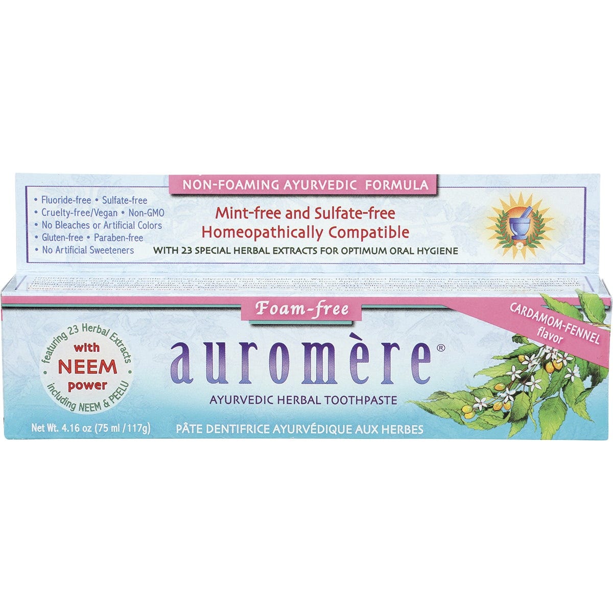 Six tubes of Auromere Ayurvedic Cardamom-Fennel toothpaste in tan and green boxes on a white background.