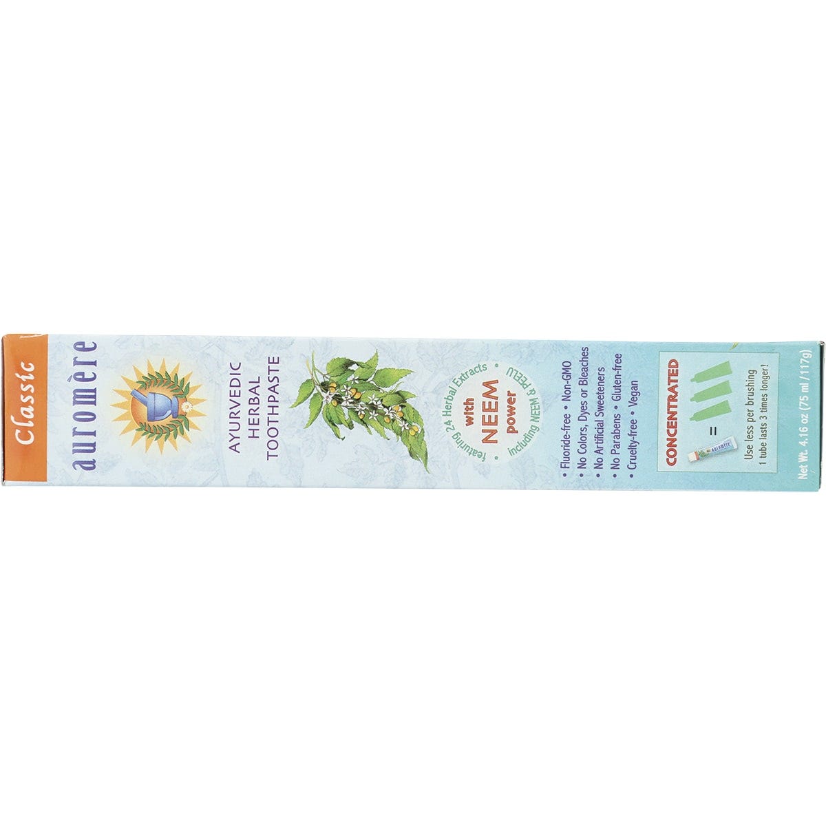 Back of Auromere Ayurvedic Licorice toothpaste box with nutrition facts, ingredients, and Ayurvedic benefits.