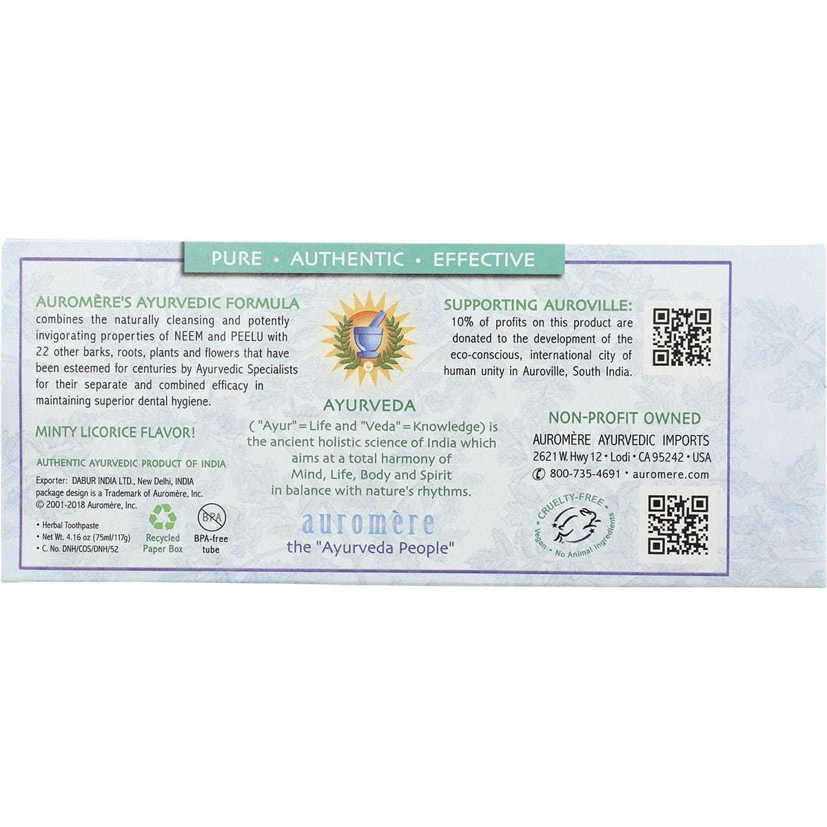 Auromere Ayurvedic Licorice toothpaste tube and box with botanical illustrations and fluoride-free labels.