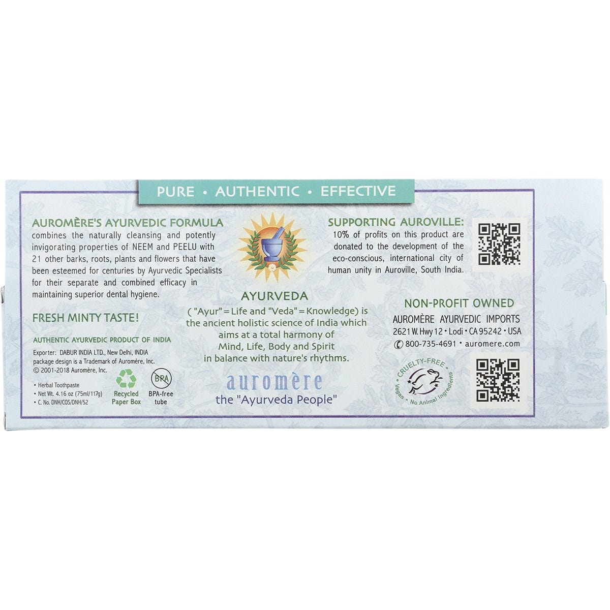 Six-pack of Auromere Ayurvedic Fresh Mint fluoride-free toothpaste tubes in white and green packaging.