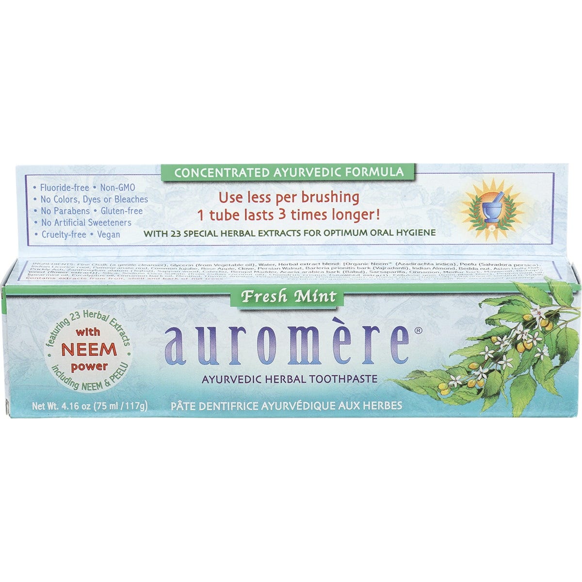 Six tubes of Auromere Fresh Mint Ayurvedic toothpaste in white and green packaging on a white background.