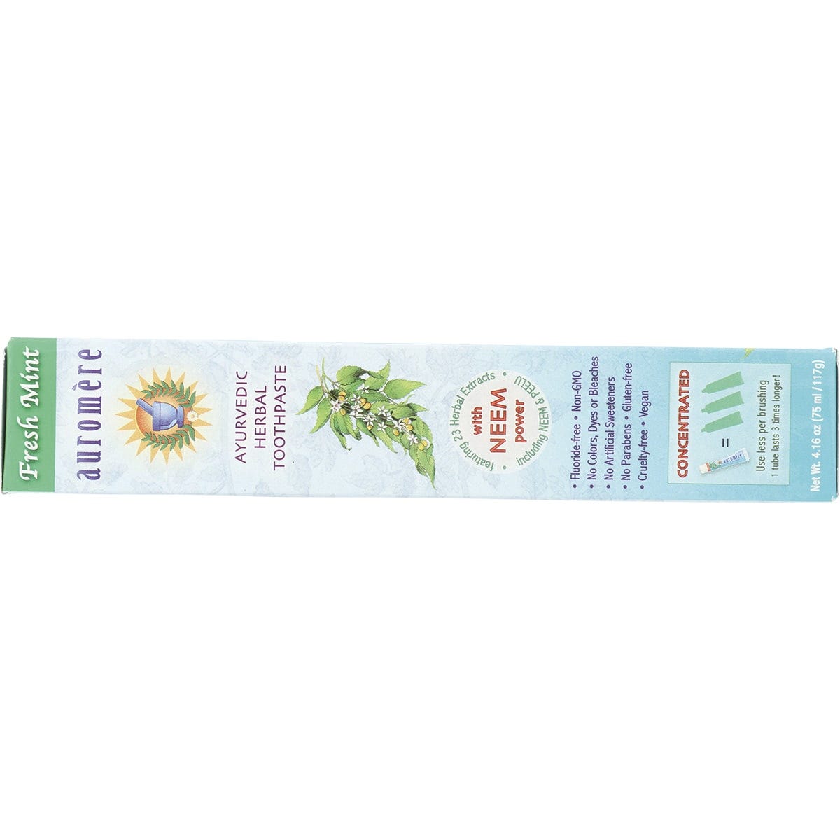Six tubes of Auromere Ayurvedic Fresh Mint toothpaste on a plain white background.