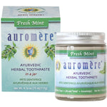 Pack of six 117g jars of Auromere Fresh Mint Ayurvedic toothpaste with a wooden spoon on a white background.