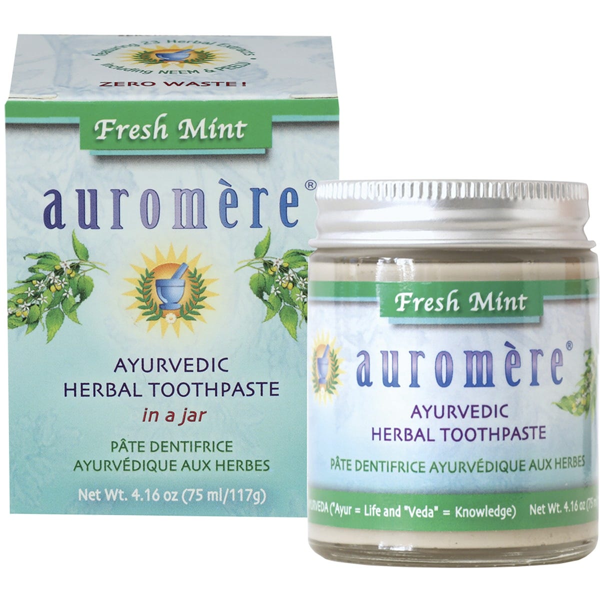 Pack of six 117g jars of Auromere Fresh Mint Ayurvedic toothpaste with a wooden spoon on a white background.