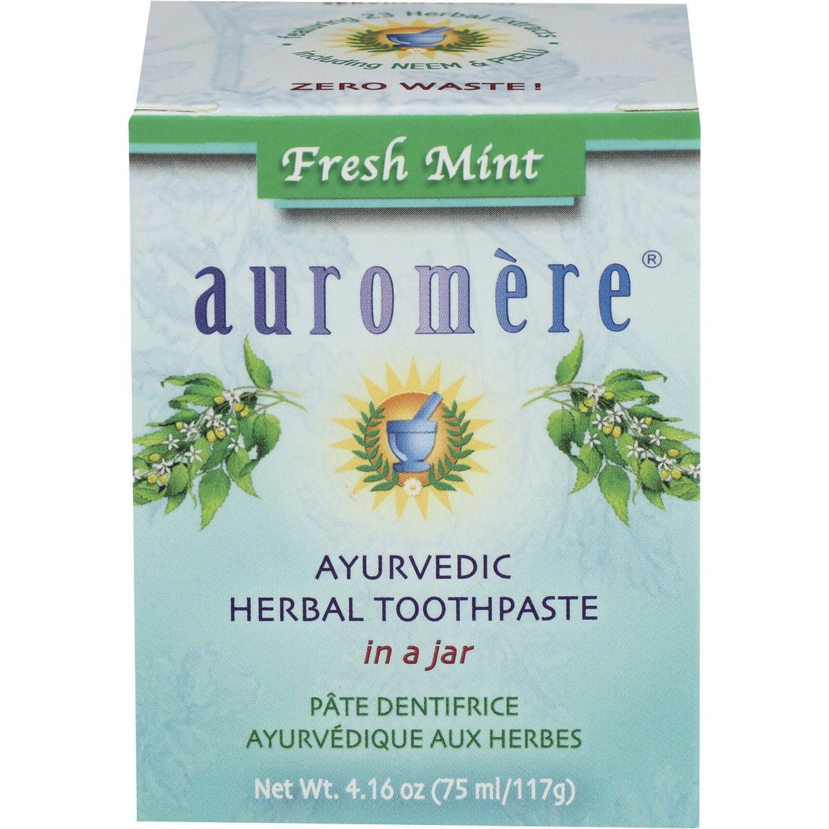 117g jar of Auromere Fresh Mint Ayurvedic Toothpaste with a small wooden spoon on a white background.